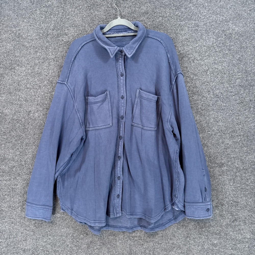 Aerie Shacket Women Medium Blue Fleece Oversized Button Down Raw Edge Shirt